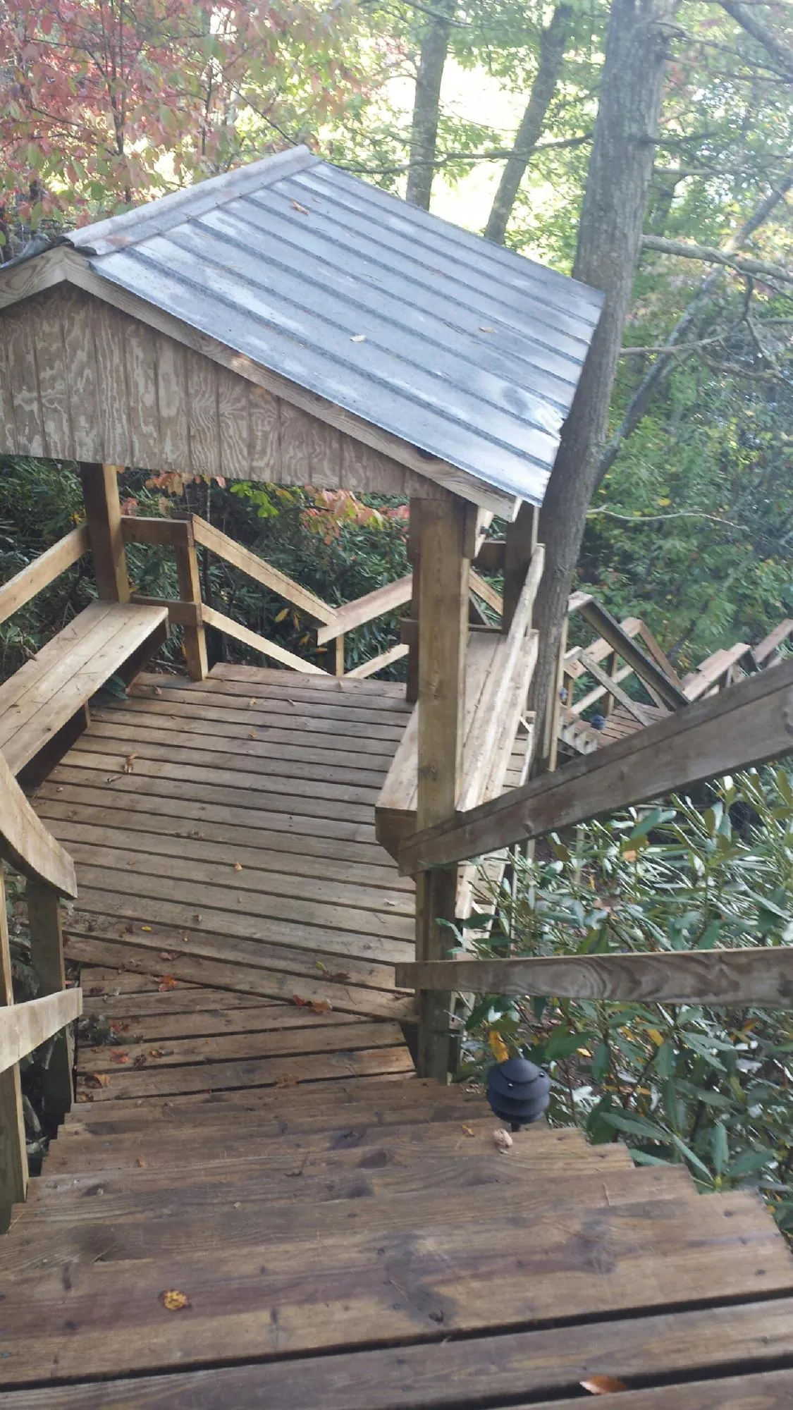 Metal roofed shelter over wooden steps on a wooded walkway — Skylight Repair & Installation work by our crew in Hillsboro